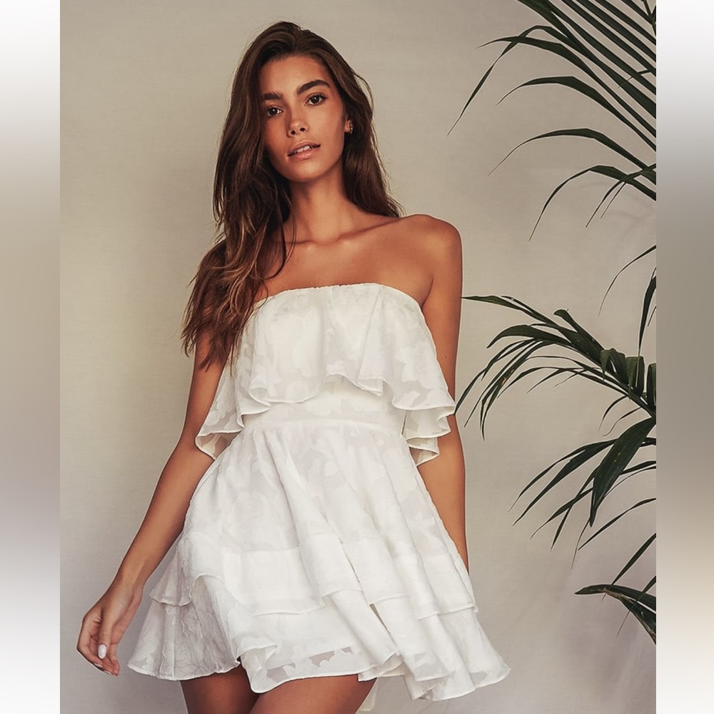 True Lover White Burnout Floral Ruffled Strapless Mini Dress by Lulus